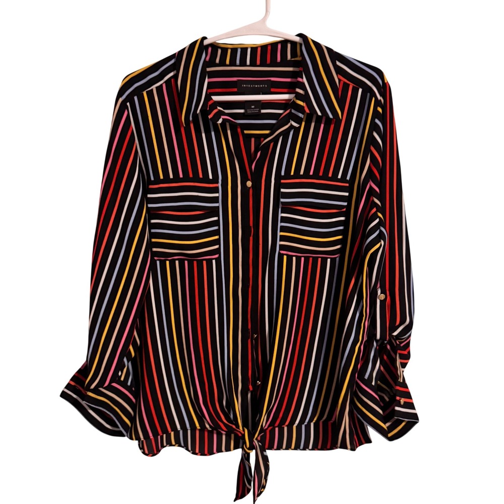 Investments Womens Multi Color Vertical Stripe Tie Front Button Down Blouse M